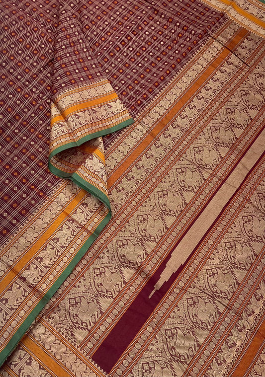 Pure Handloom Kanchi rich Cotton Saree | kattam X threads | dark brown X mustard | unicorn
