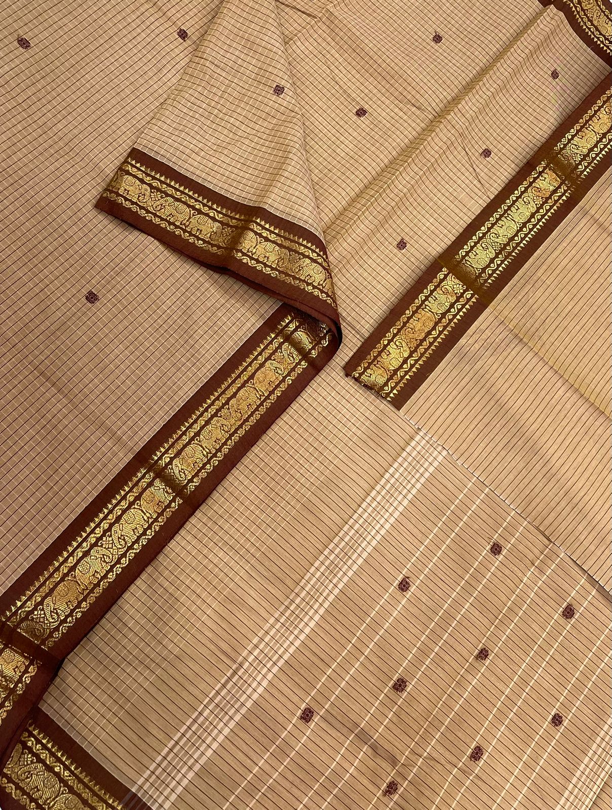 Kanchi soft cotton | kattam X thread woven | tiny Zari border | pastel beige X brown