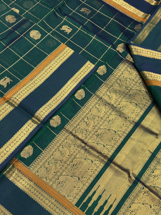 Kanchi Silk Cotton Sarees | luxury silk cotton | kattam x eruthalapakshi X mayil X rettaipet border | bottle green X gold NKV37