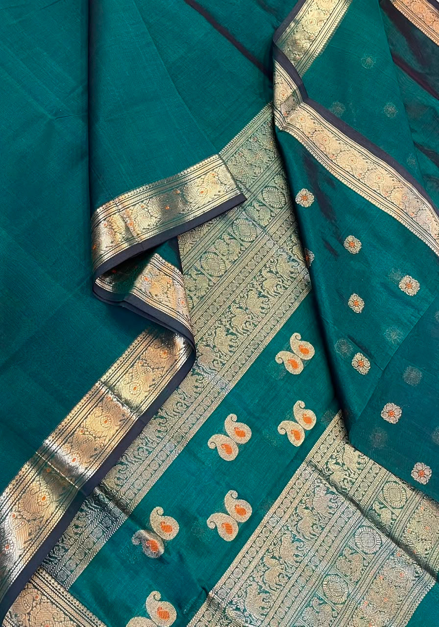 Kanchi Silk Cotton Sarees | luxury silk cotton | tiny meena border  X blouse meena motif   | green