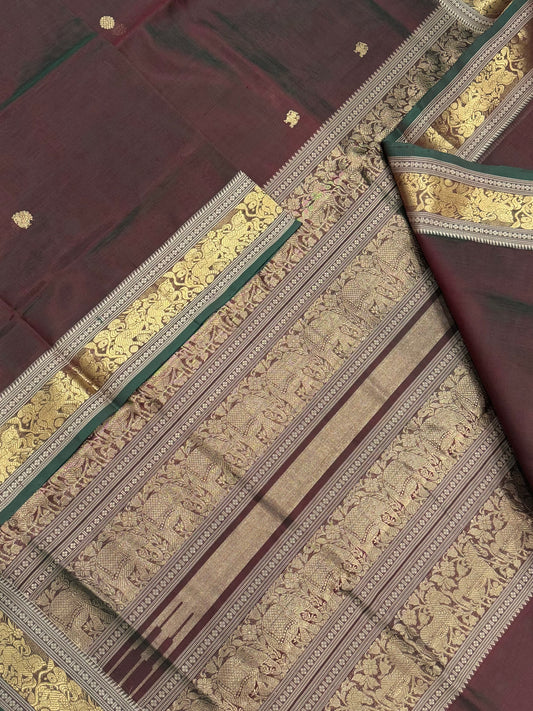 Kanchi Silk Cotton Sarees | tiny motif mayil yhazli X Zari border | twotone marron green X gold