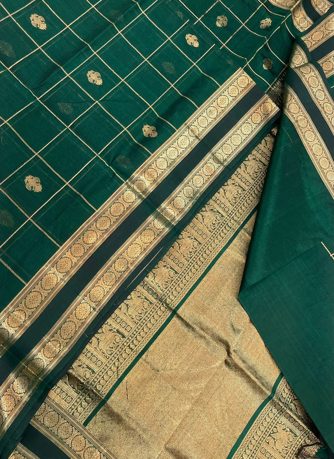 Kanchi Silk Cotton Sarees | gandaberunda motif X kattam X rettaipet zari woven border | bottle green shade X gold