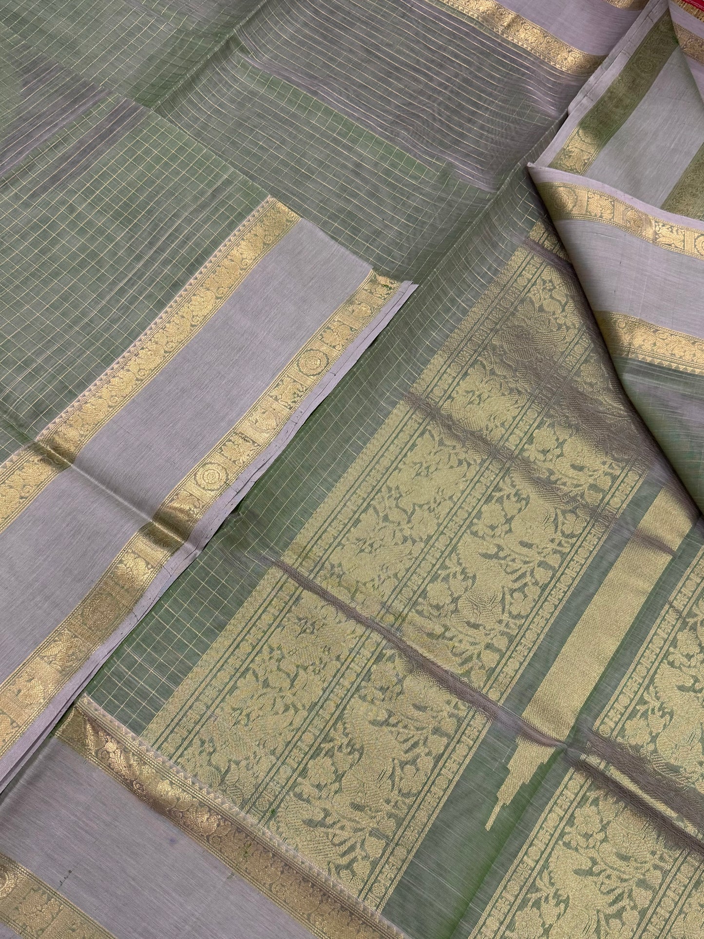 Kanchi Silk Cotton Sarees | zari kattam x rettaipet border | pastel green X gold