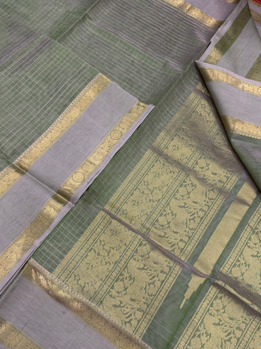 Kanchi Silk Cotton Sarees | zari kattam x rettaipet border | pastel green X gold