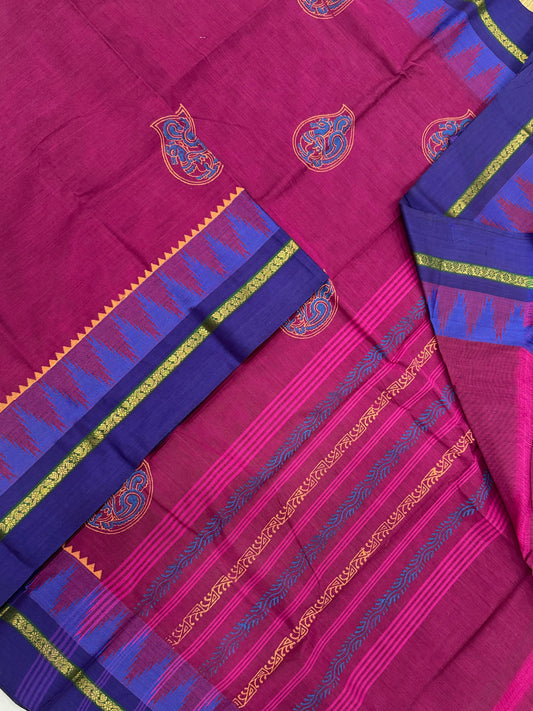 Kanchi soft cotton | block print x timy Zari woven border | dark pink X blue