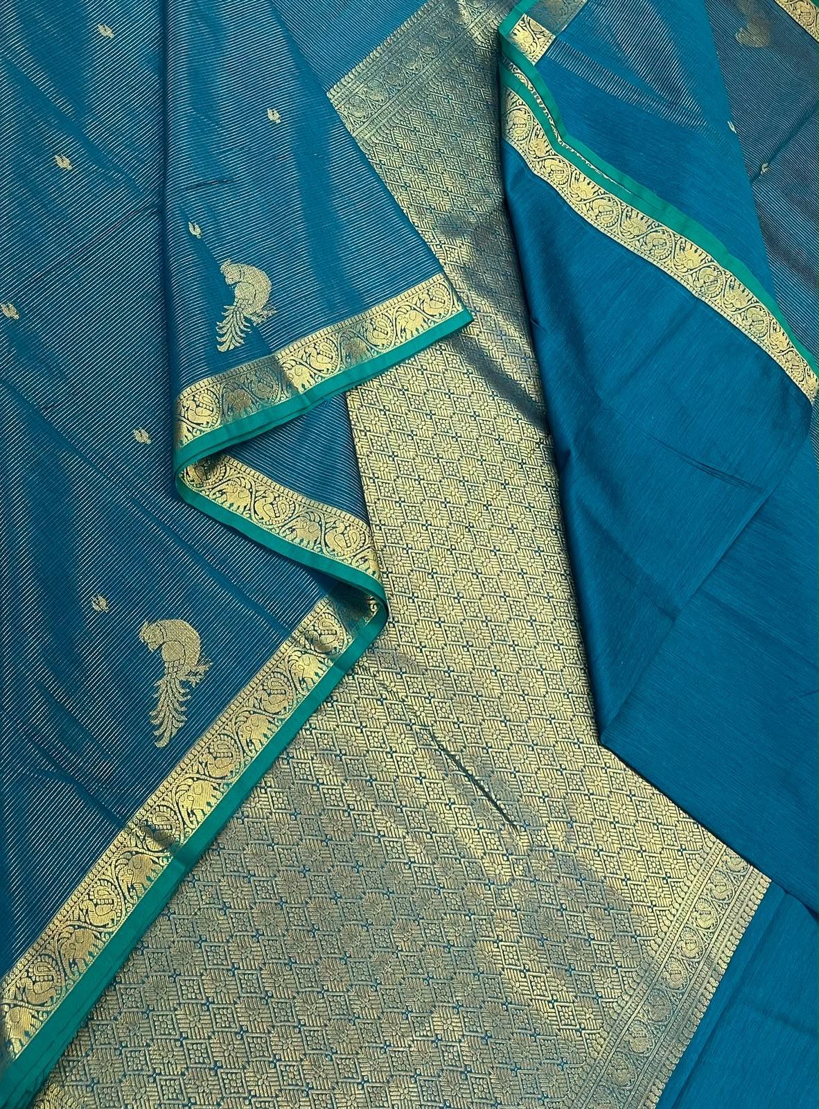 Semi Silk soft Cotton Sarees | vairaoosi X parrot x tiny zari border | cyan blue X gold | NKV11