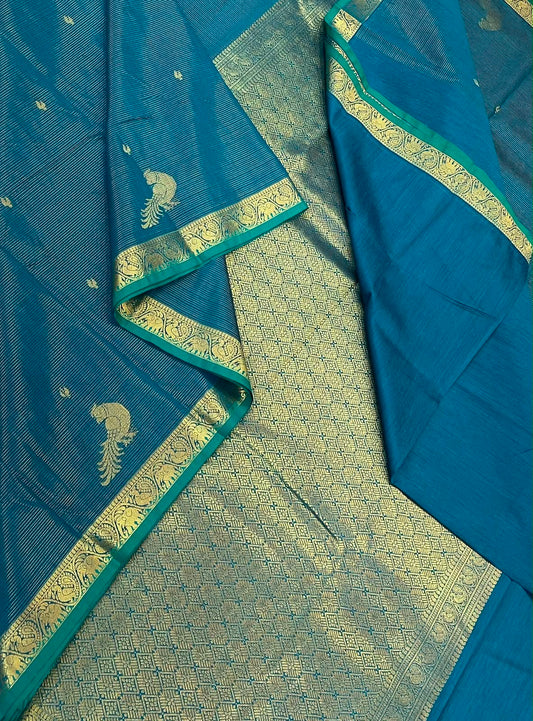 Semi Silk soft Cotton Sarees | vairaoosi X parrot x tiny zari border | cyan blue X gold | NKV11