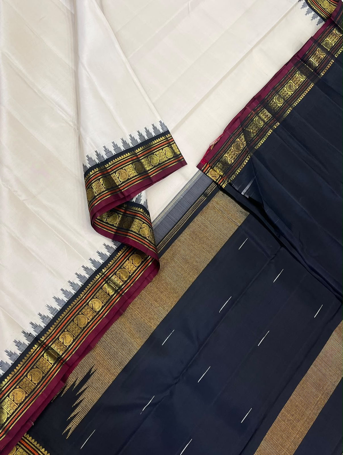 Traditional Kanchipuram Silk Sarees  |  cream x black X marron | tiny zari korvai border x border thalampoo motif | Handwoven luxury x 4 ply master weave