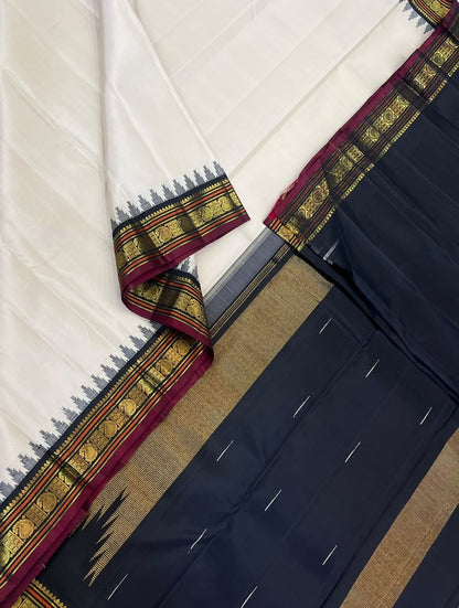 Traditional Kanchipuram Silk Sarees  |  cream x black X marron | tiny zari korvai border x border thalampoo motif | Handwoven luxury x 4 ply master weave
