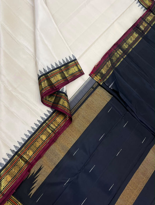 Traditional Kanchipuram Silk Sarees  |  cream x black X marron | tiny zari korvai border x border thalampoo motif | Handwoven luxury x 4 ply master weave