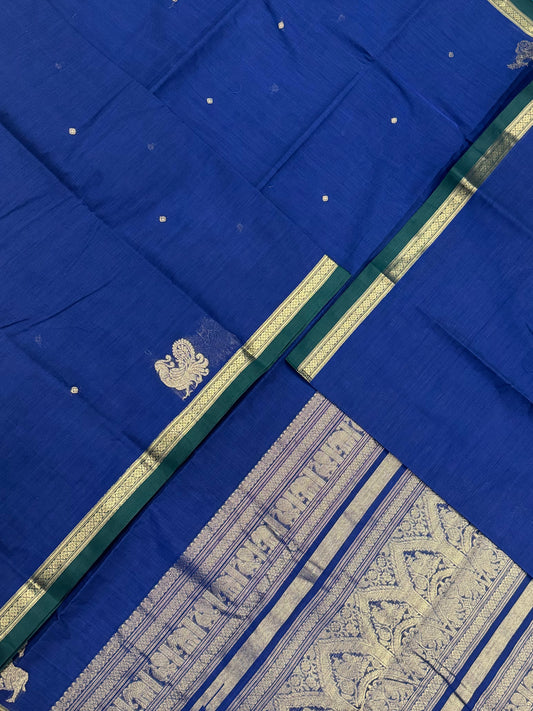 Pure Handloom Kanchi rich Cotton Saree | tiny Zari border X  yhazli X mayil butta| blue X green | intricate Zari woven Pallu