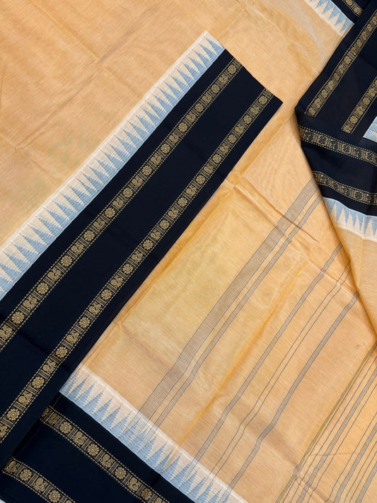 Pure Handloom Kanchi rich Cotton Saree | sandal X black  | thread Korvai  border