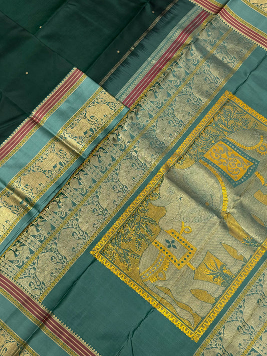 Pure Kanjivarams | zero zari | Rishaba kunjaram|green X teal green | Handwoven luxury x 4 ply master weave | NKV35