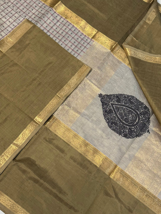 Kanchi Silk Cotton Sarees | luxury silk cotton | 1000 butta X mupaggam | white x earth green