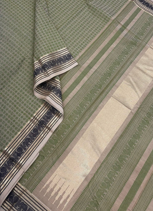 Pure Handloom Kanchi rich Cotton Saree | 20000 butta x mayil | pastel green x minimal zari | NKV54