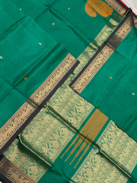 Kanchi Silk Cotton Sarees | luxury silk cotton | green X corner butta | small border