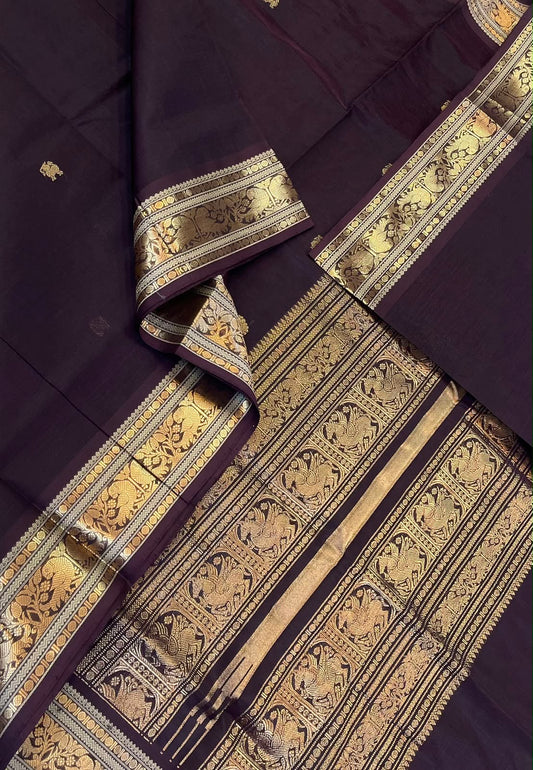 Kanchi Silk Cotton Sarees | luxury silk cotton | tiny border  X rich pallu   | coffee brown  x gold