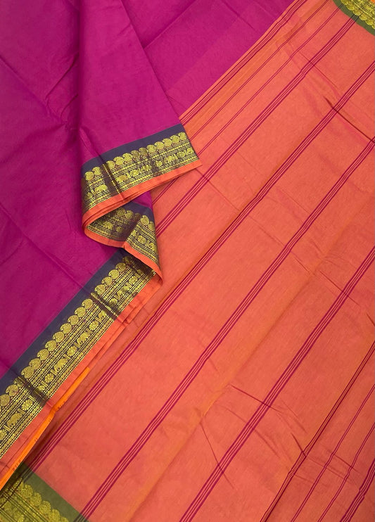 Pure 100 count soft cotton | Rani pink x orange | tiny zari border | NKV99