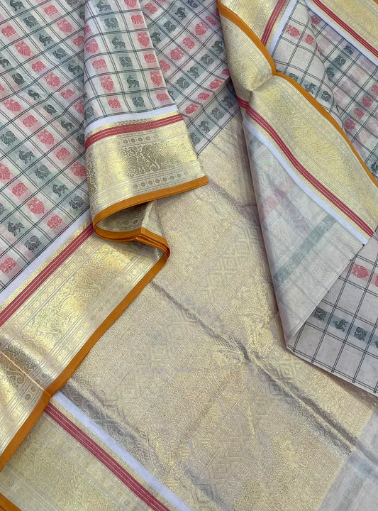 Kanchi Silk Cotton Sarees | 1000 butta  X rich zari pallu X 4 motif | cream X mustard