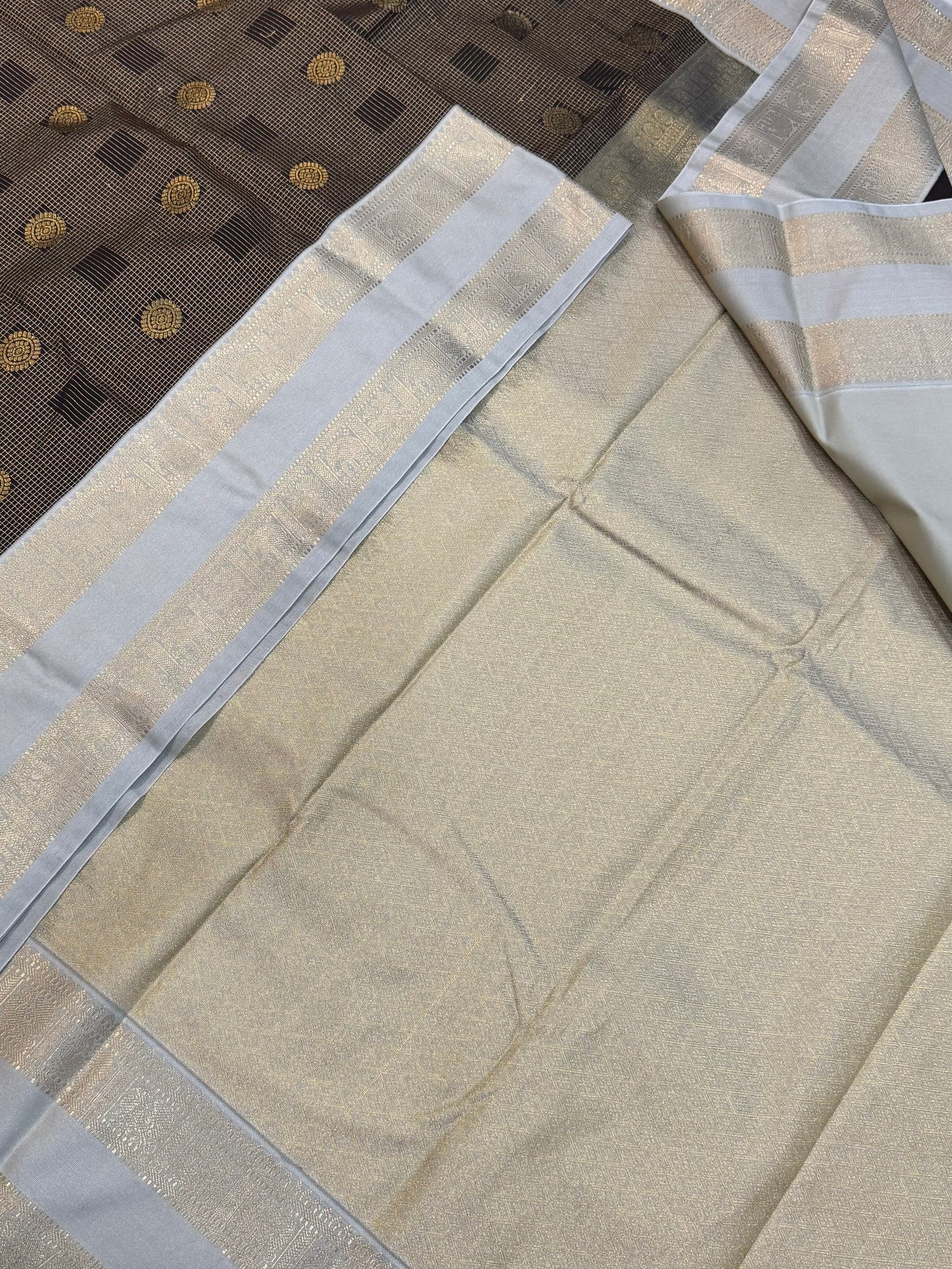 Vegan Silk Sarees Online | muthukattam motif X rettaipet | chocolate brown X grey