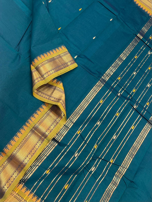 Kanchi mercerised soft cotton |rich zari border | blue x green | MC10