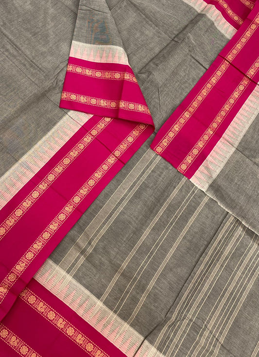 Korvai Kanchi cotton | korvai temple border | grey X pink