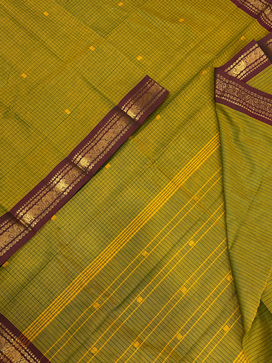 Kanchi soft cotton | leaf green X brick  |  tiny zari border x kattam