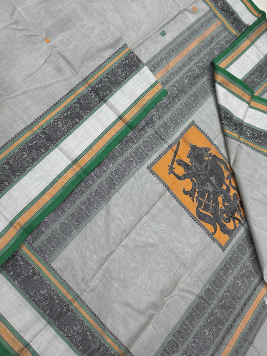 Pure Handloom Kanchi rich Cotton Saree | pastel grey X green | thread border X Veera Shivaji