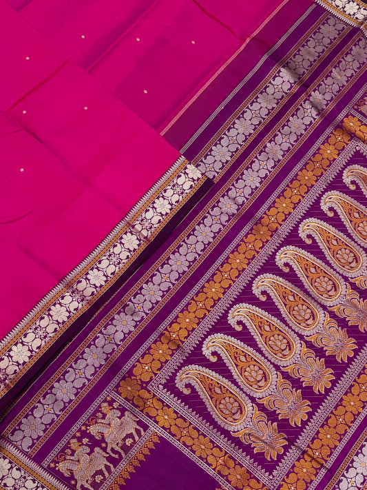 Pure Kanjivarams | zero zari | balucharry pallu |hot pink X violet  | Handwoven luxury x 4 ply master weave | NKV35