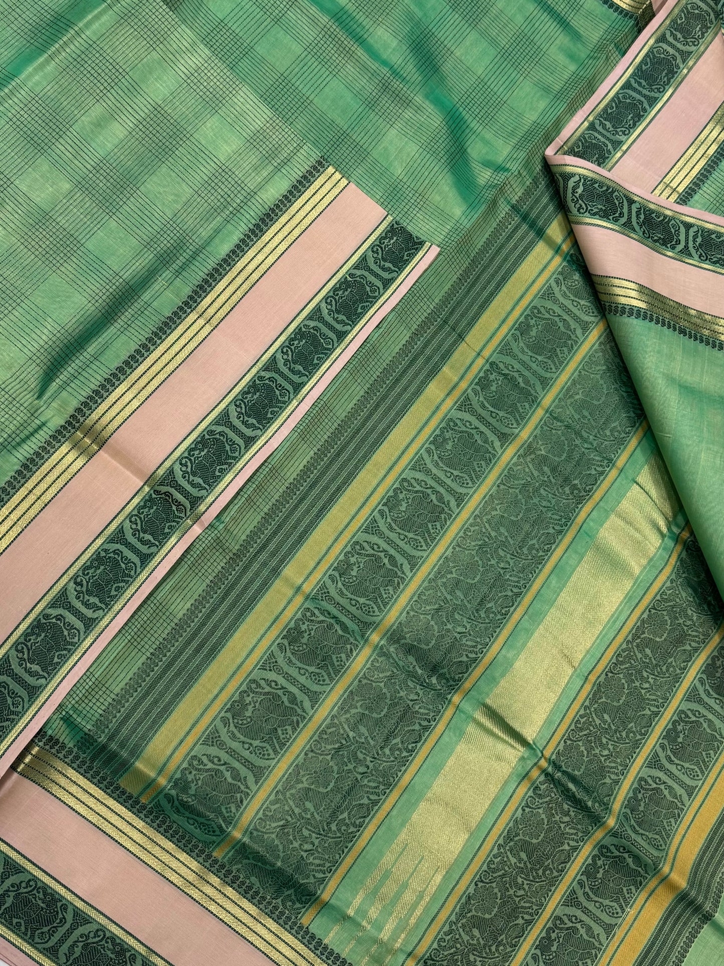 Kanchi Silk Cotton Sarees | pistachio x rose pink border| intericate yhazli border X 2x2 kattam |thread woven