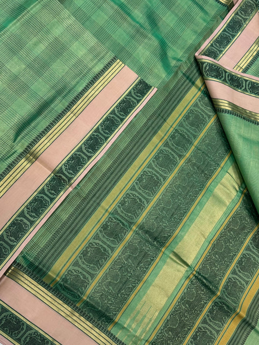 Kanchi Silk Cotton Sarees | pistachio x rose pink border| intericate yhazli border X 2x2 kattam |thread woven