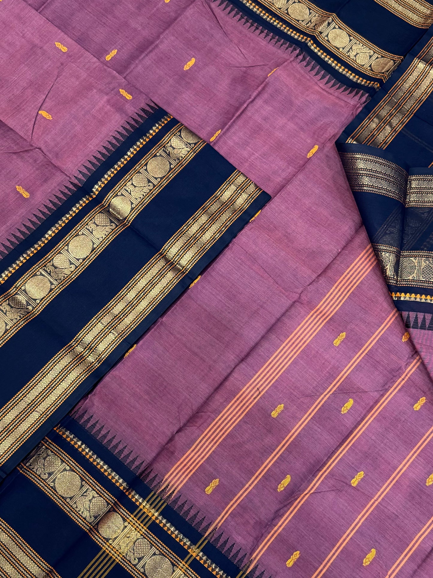 Kanchi soft cotton | dark lilac X navy blue | thread kattam X rettaipet zari border