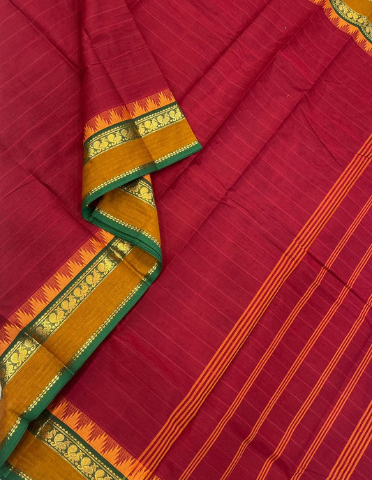 Kanchi soft cotton | red x mustard|  rettaipet zari border
