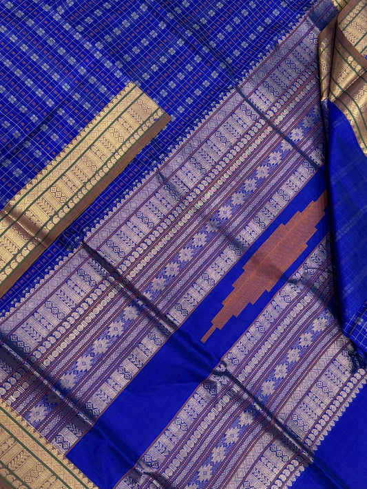 Kanchi Silk Cotton Sarees | luxury silk cotton | 1000 butta x Zari small border| royal blue X earth green