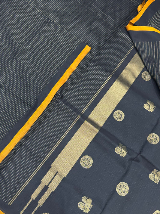 Kanchi Silk Cotton Sarees | luxury silk cotton | oosi vanam X tiny border | black x Manjal