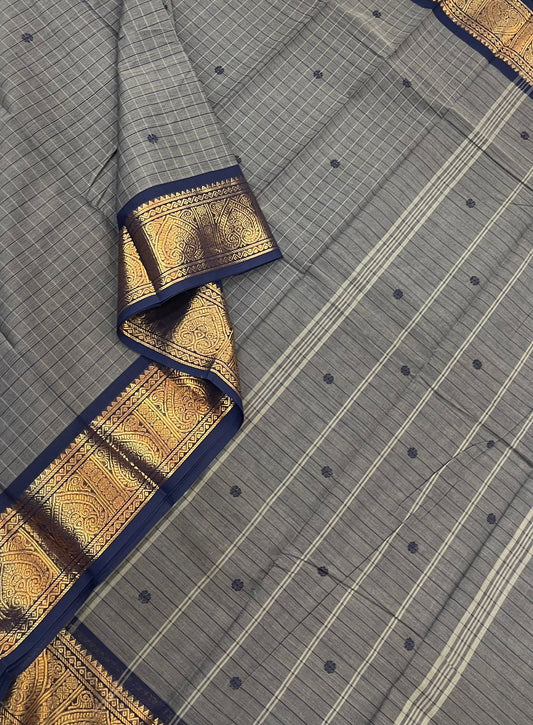 Kanchi soft cotton | grey x navy blue | kattam X Zari border