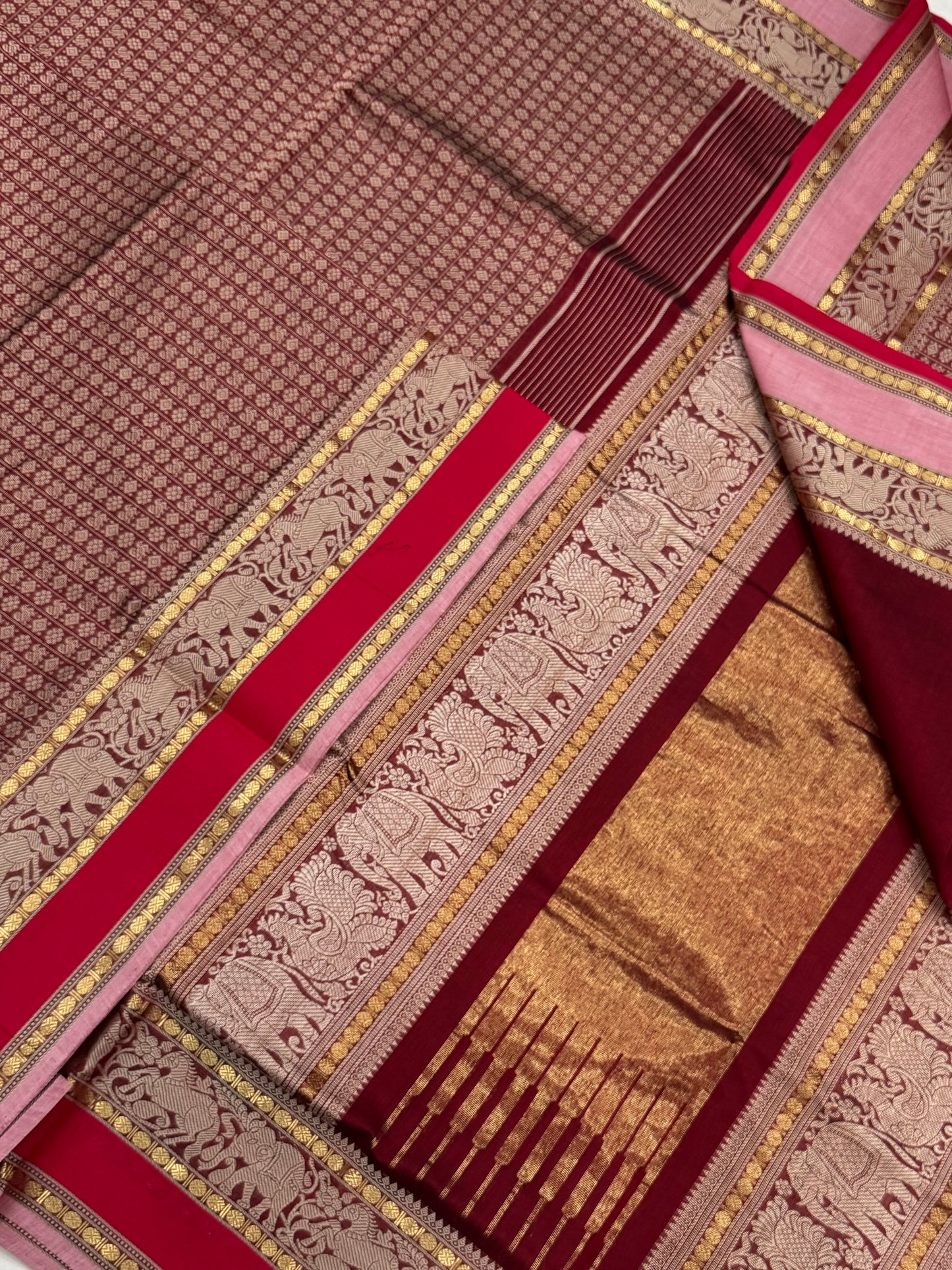 Pure Handloom Kanchi mercerised rich Cotton Saree | 20000 BUTTA X Ganga Jamuna | aaraku x baby pink X red