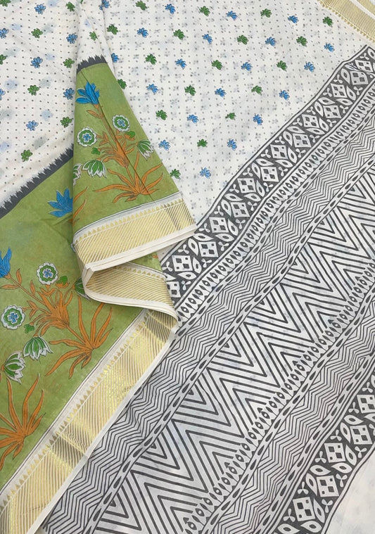 Premium soft cotton | white X green X Zari border | printed floral motif