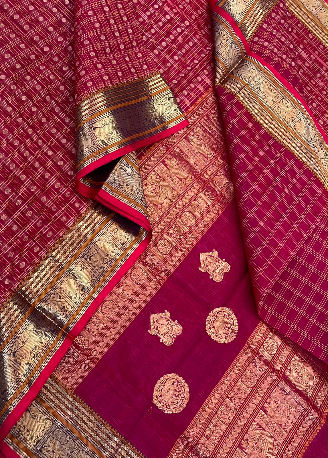 Kanchi Silk Cotton Sarees | 1000 butta  X rich thaer (chariot motif)pallu | marron X gold (Copy)