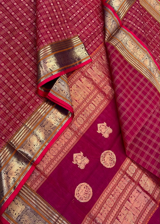 Kanchi Silk Cotton Sarees | 1000 butta  X rich thaer (chariot motif)pallu | marron X gold (Copy)