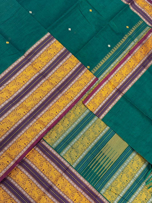 Pure Handloom Kanchi rich Cotton Saree | bottle green x marron | intericate weave yaanai border