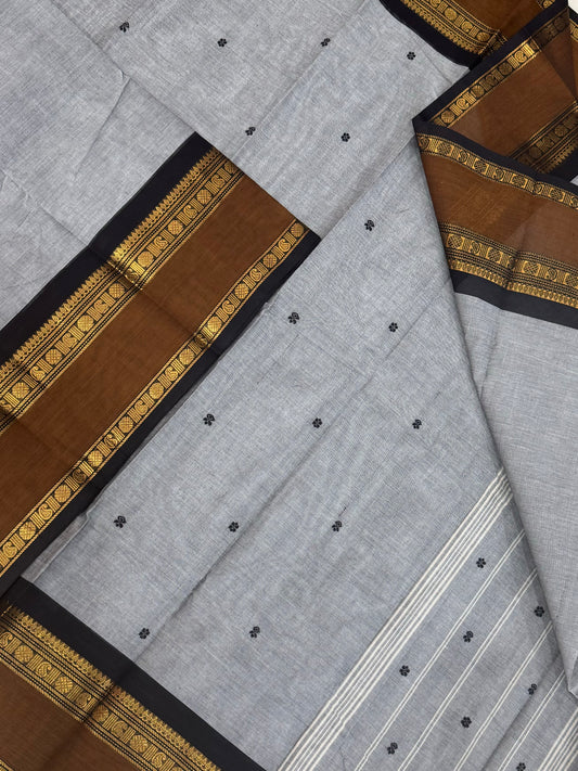 Kanchi soft cotton | grey X mustard X black  |  rettaipet zari border X tiny motif