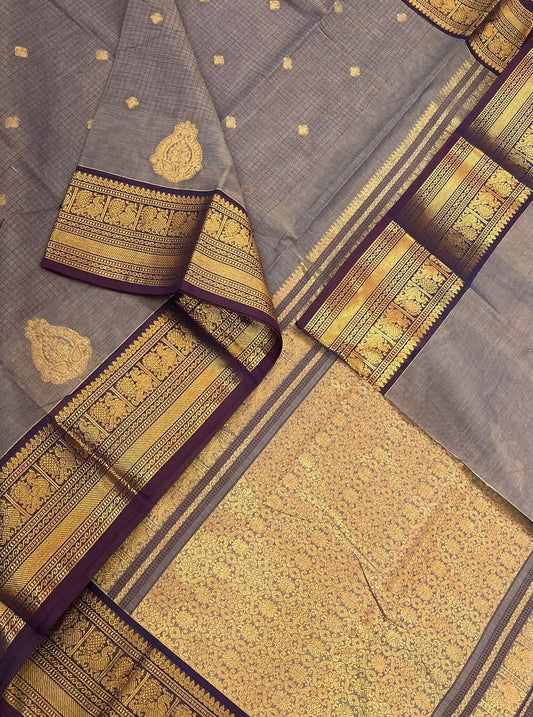 Kanchi soft cotton | grey x jamun | muthukattam X Zari border