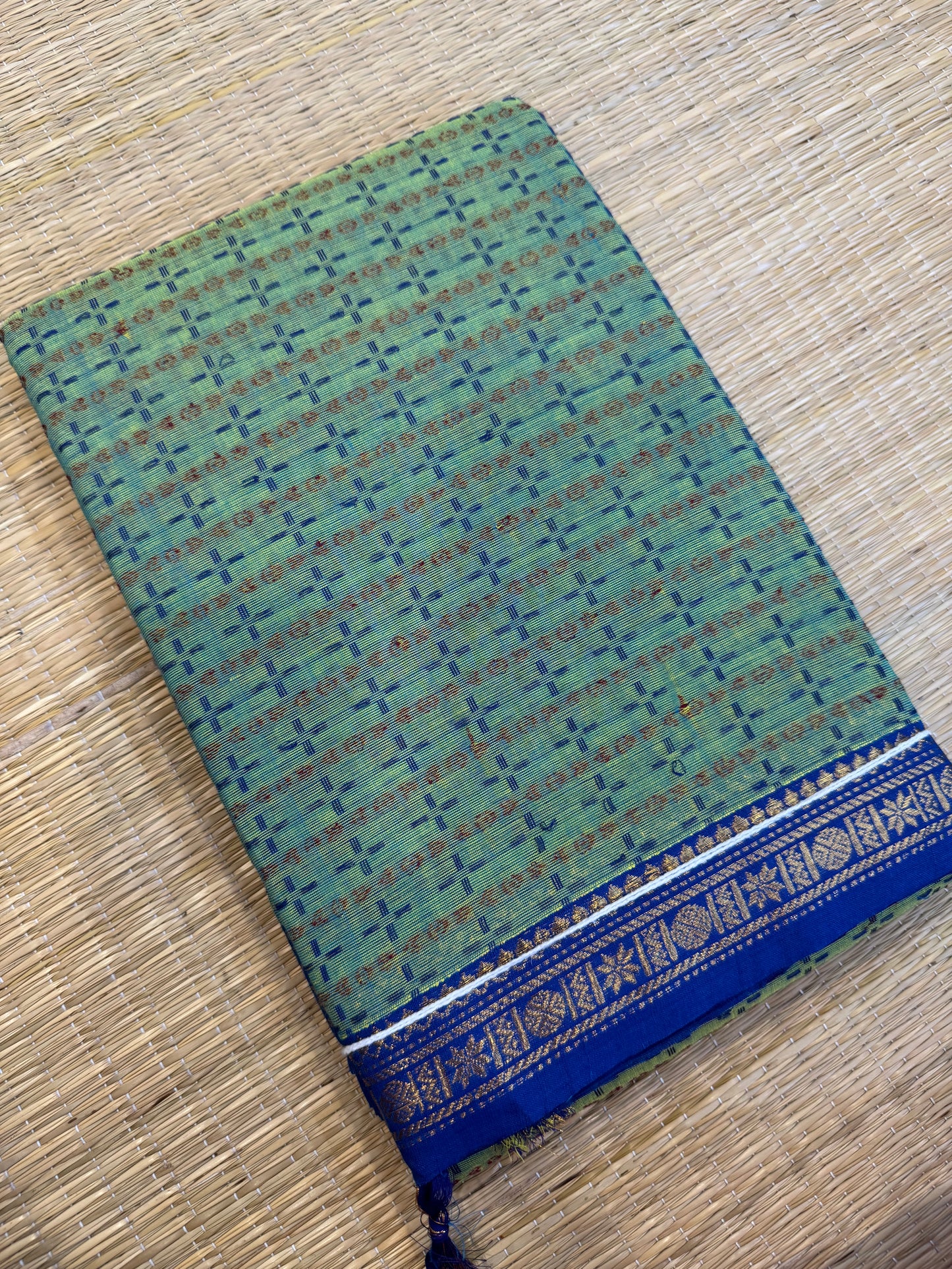 Kanchi soft cotton | teal green x blue  | kattam x tiny zari  border