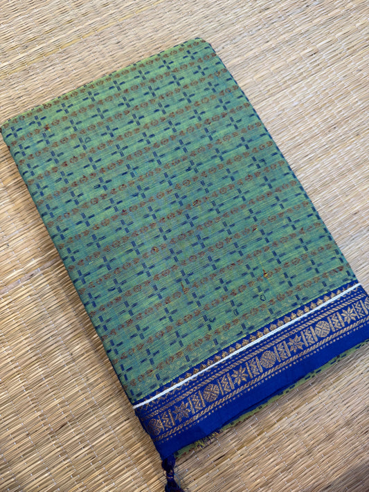 Kanchi soft cotton | teal green x blue  | kattam x tiny zari  border