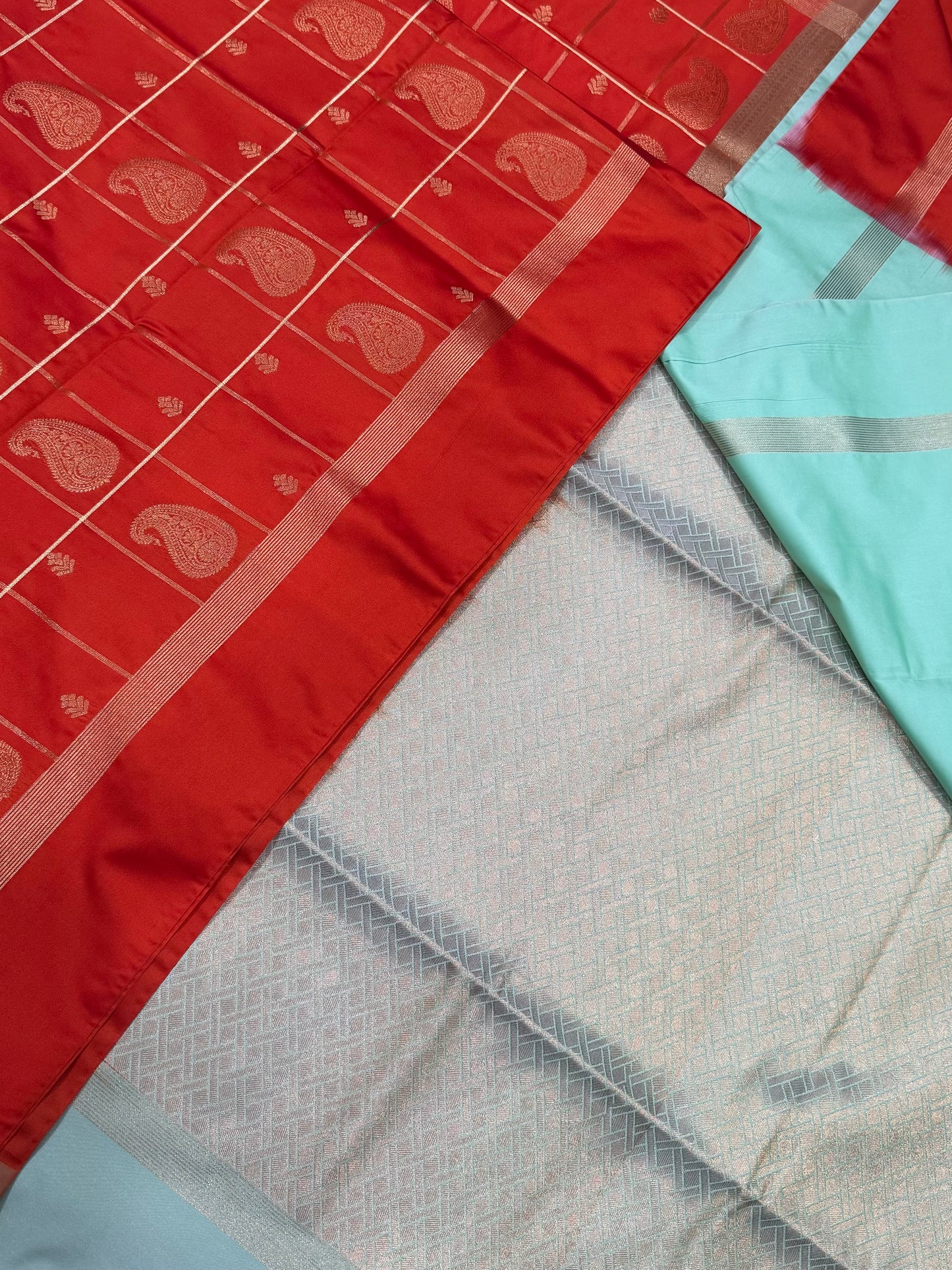 Vegan Silk Sarees Online | mango motif X kattam | trendy orange X teal
