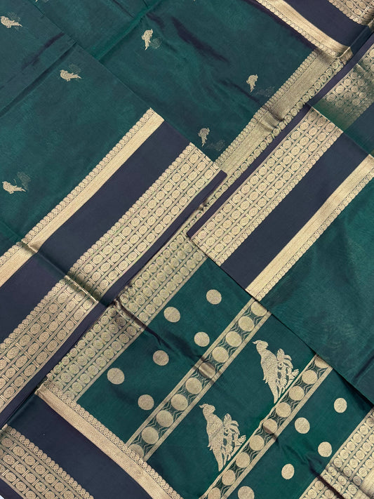 Kanchi Silk Cotton Sarees | kalakshethra killi Pallu | bottle green x gold | NKV20