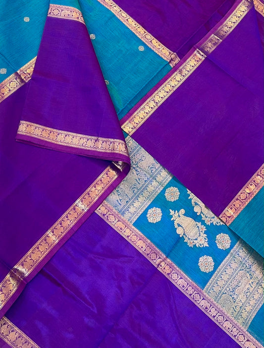 Kanchi Silk Cotton Sarees | luxury silk cotton | mupaggam x kamalam butta X tiny zari border | blue x violet