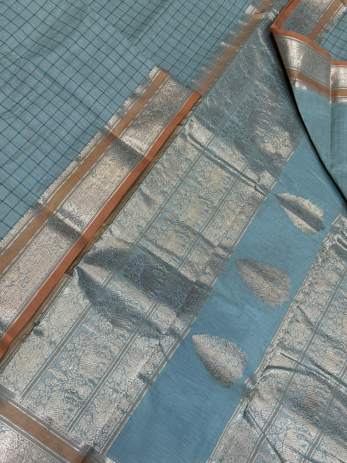 Pure Handloom Kanchi rich Cotton Saree | rich zari border x 1000 butta | pastel teal green x pastel orange
