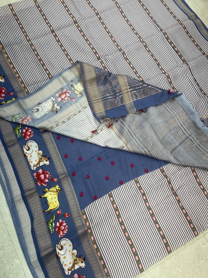 Premium Chanderi silk  | pichwai lotus x zari border | blue | NKV24